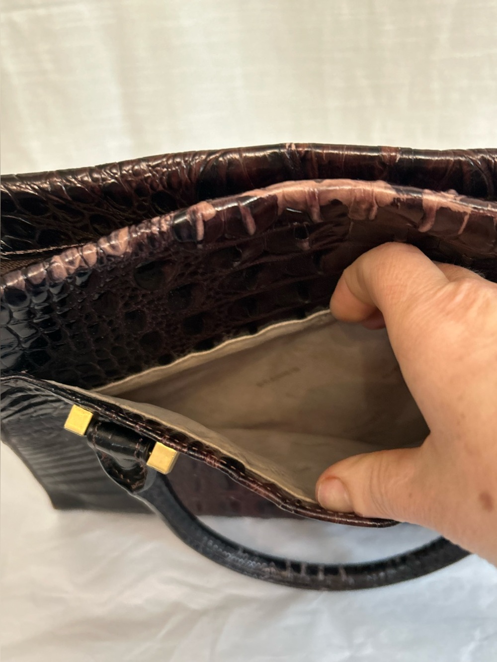 Brahmin Priscilla Classic Dark Brown Croc-Embossed Structured Satchel Handbag - Picture 12 of 16